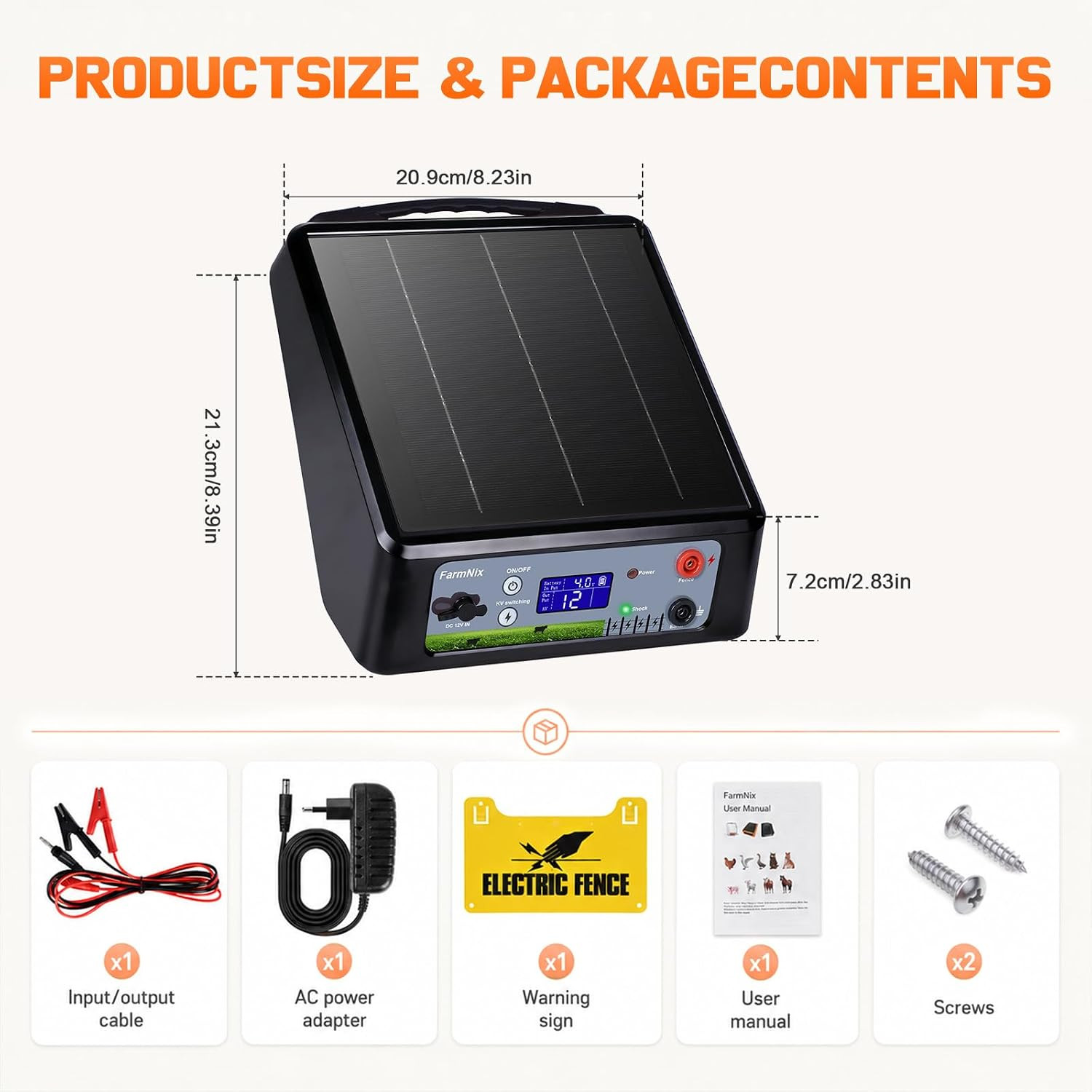 20 Miles Solar Powered Electric Fence Charger, Adjustable 6/8/10/12KV & 0.3J-2J
