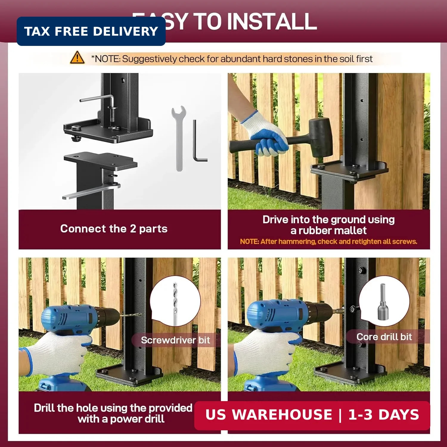 Fence Post Repair Kit 2 Pack, Heavy Duty Fence Post Anchor for Wooden Post