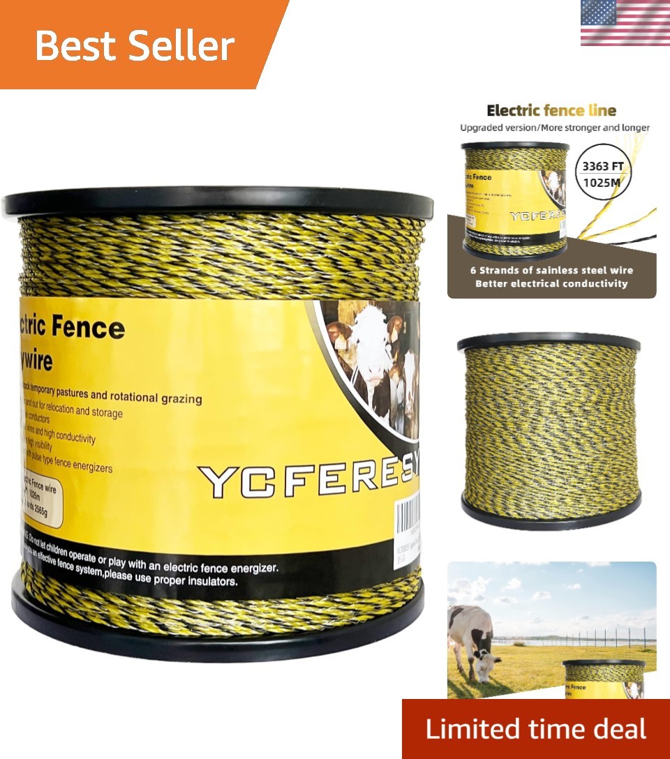 Upgraded Electric Fence Polywire 3366ft, 6 Stainless Steel Strands, UV Resistant