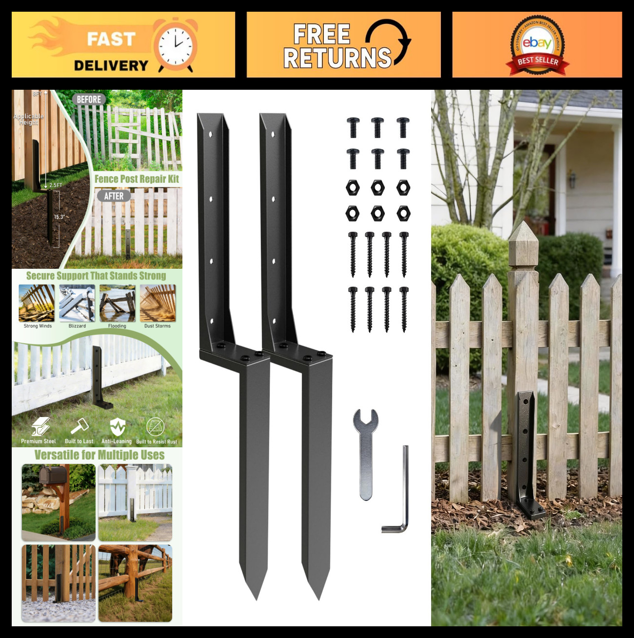 Heavy Duty Steel Fence Post Repair Kit – Ground Stakes for Leaning Wood Posts (2