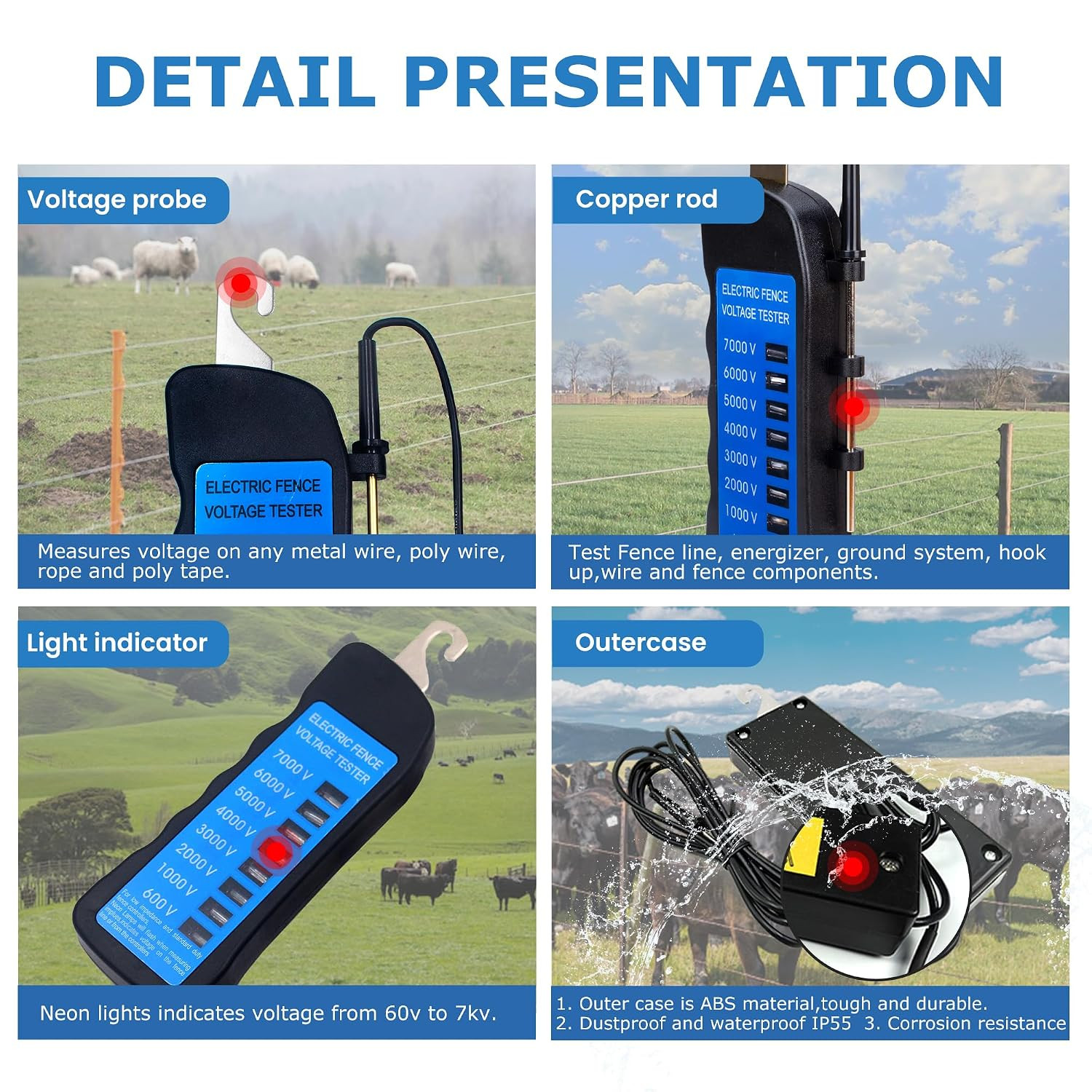 Electric Fence Voltage Tester, 7KV Fence Tester 8 Neon Indicator Lights/Fence Te