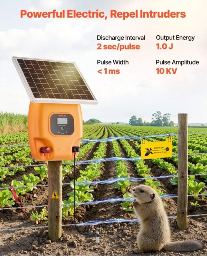 VEVOR 1J 10kV Solar Electric Fence Charger 1.86 Miles Fence Energizer