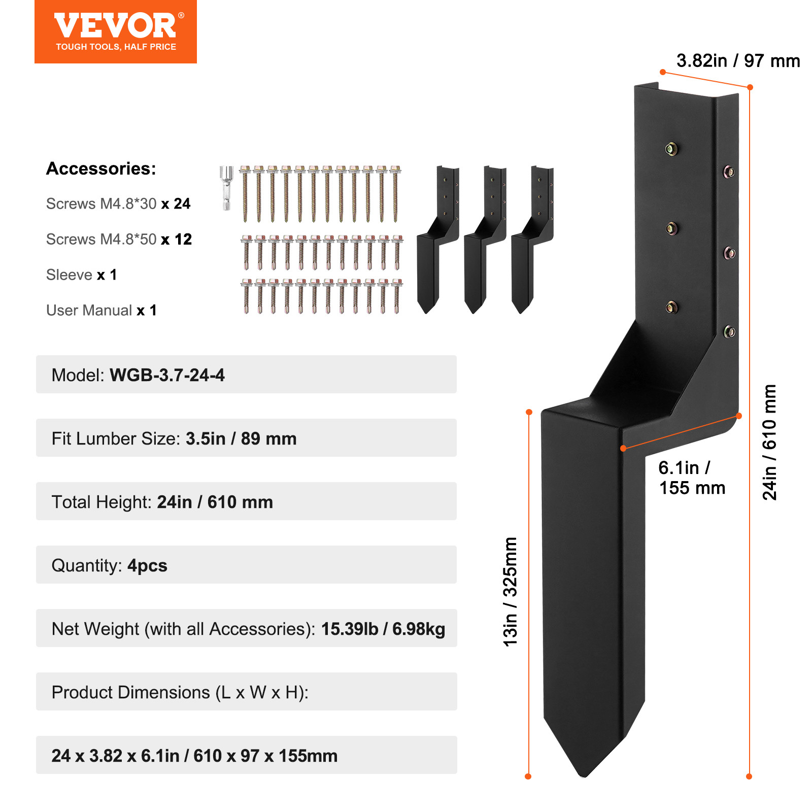 VEVOR Fence Post Anchor Repair Kit 4 Pack Inner 3.5 x3.5 Inches Support Stakes