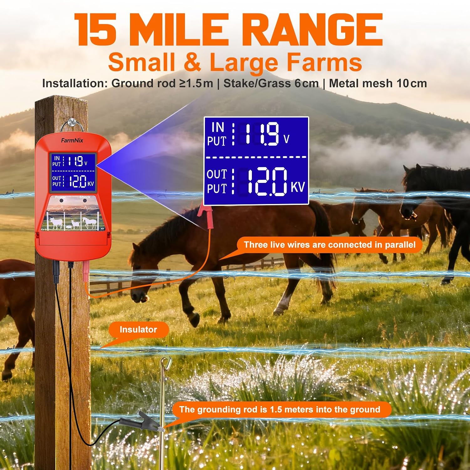 12KV Electric Fence Charger,15 Miles Electric Fence, 3 Joules Pulse Energy, Wate