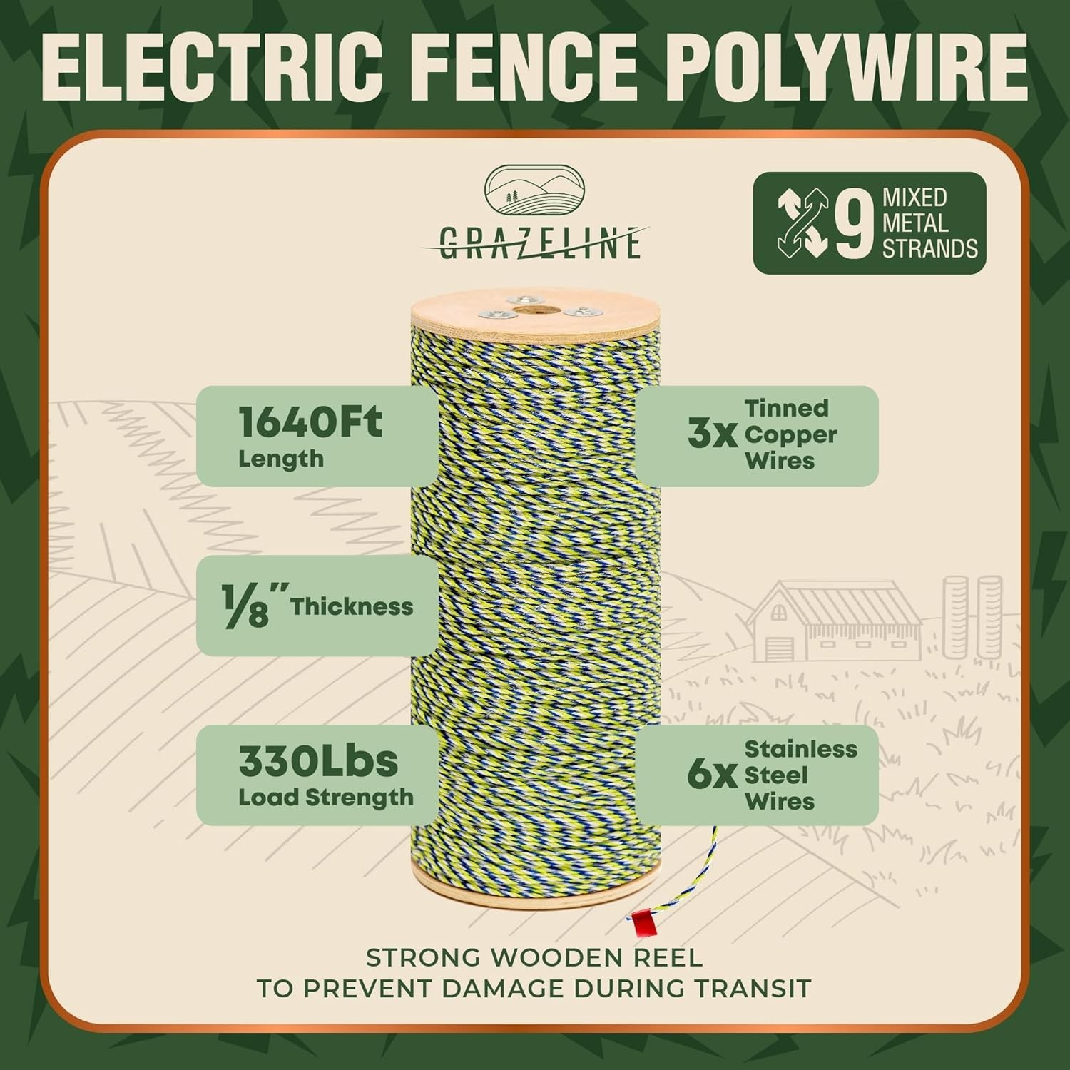 9-Strand Electric Fence Polywire 1640 ft, Tinned Copper & Stainless Steel, 0.3