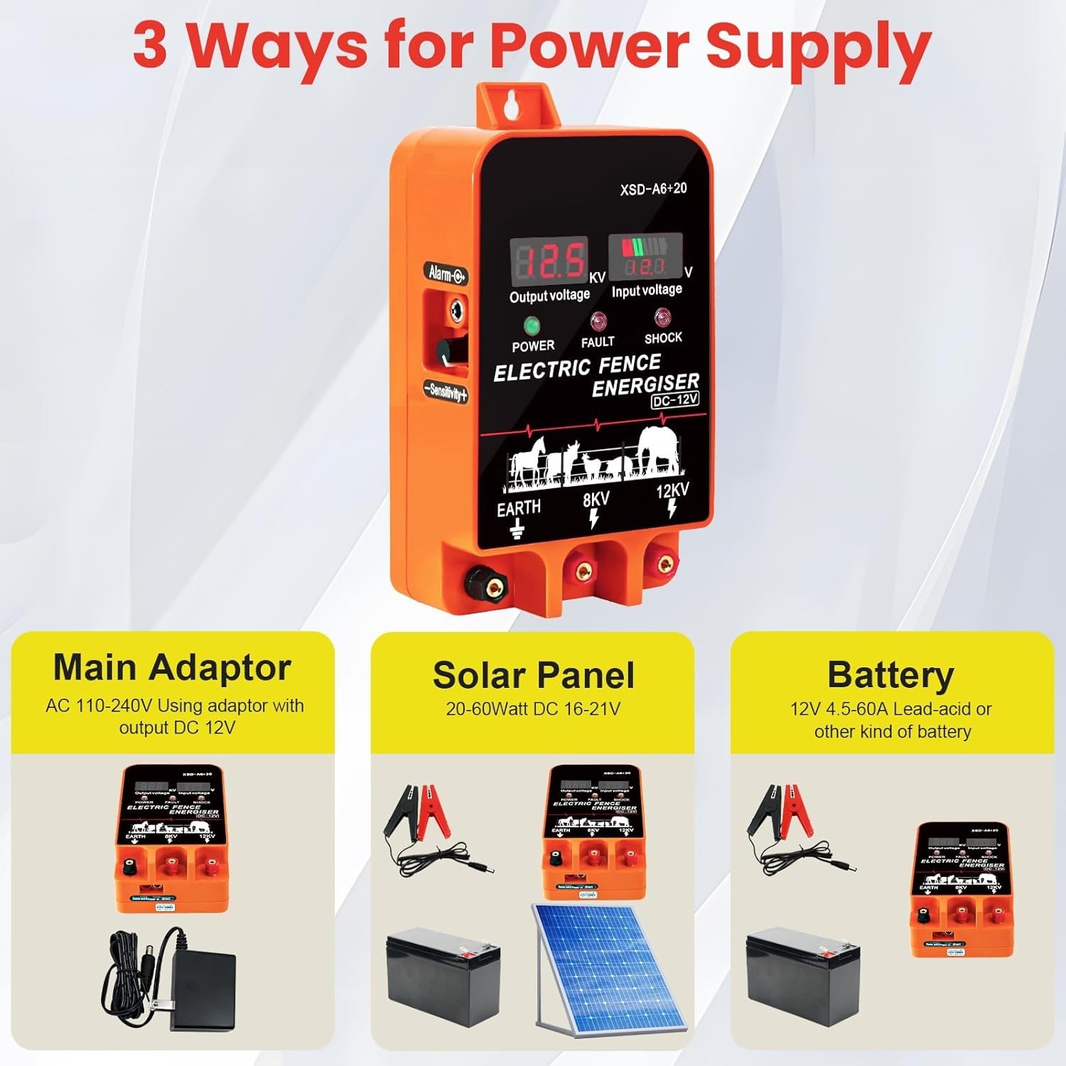 5.5J Electric Fence Charger Energizer, 5.5 Joules 10 Miles, AC DC 2 in 1 Powered