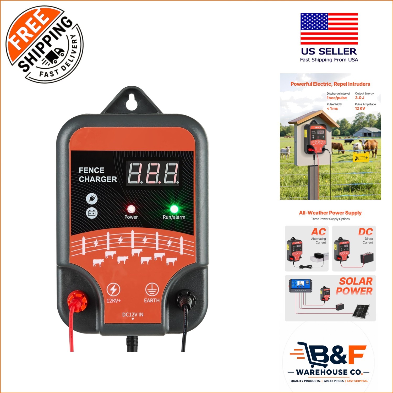 3J Electric Fence Charger, 12kV Energizer with LED Indicator – Protect Livestock