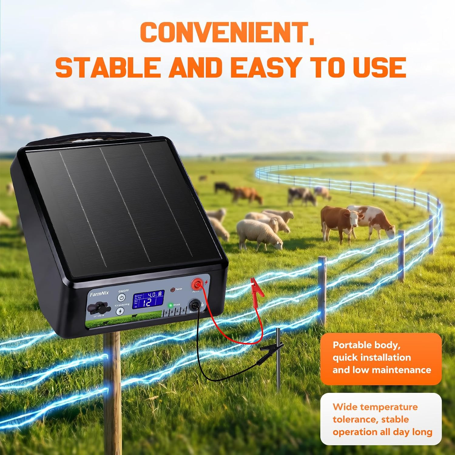 20 Miles Solar Powered Electric Fence Charger, Adjustable 6/8/10/12KV & 0.3J-2J