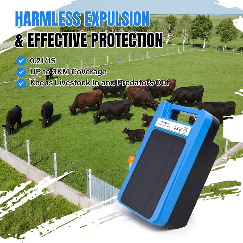 ATMOREA 0.2J Solar Power Fence Charger 3W 8KV Electric Fence Energizer 2-3 Miles