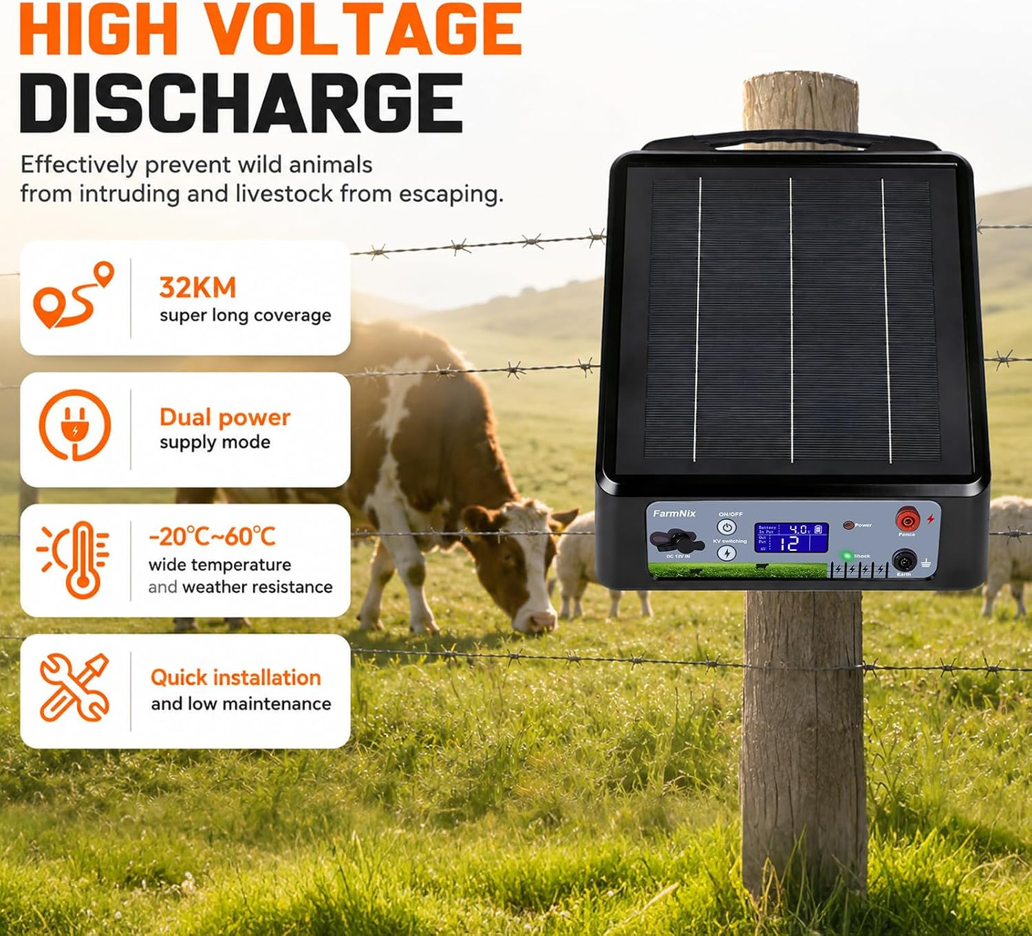 20 Miles Solar Powered Electric Fence Charger, Adjustable 6/8/10/12KV & 0.3J-2J