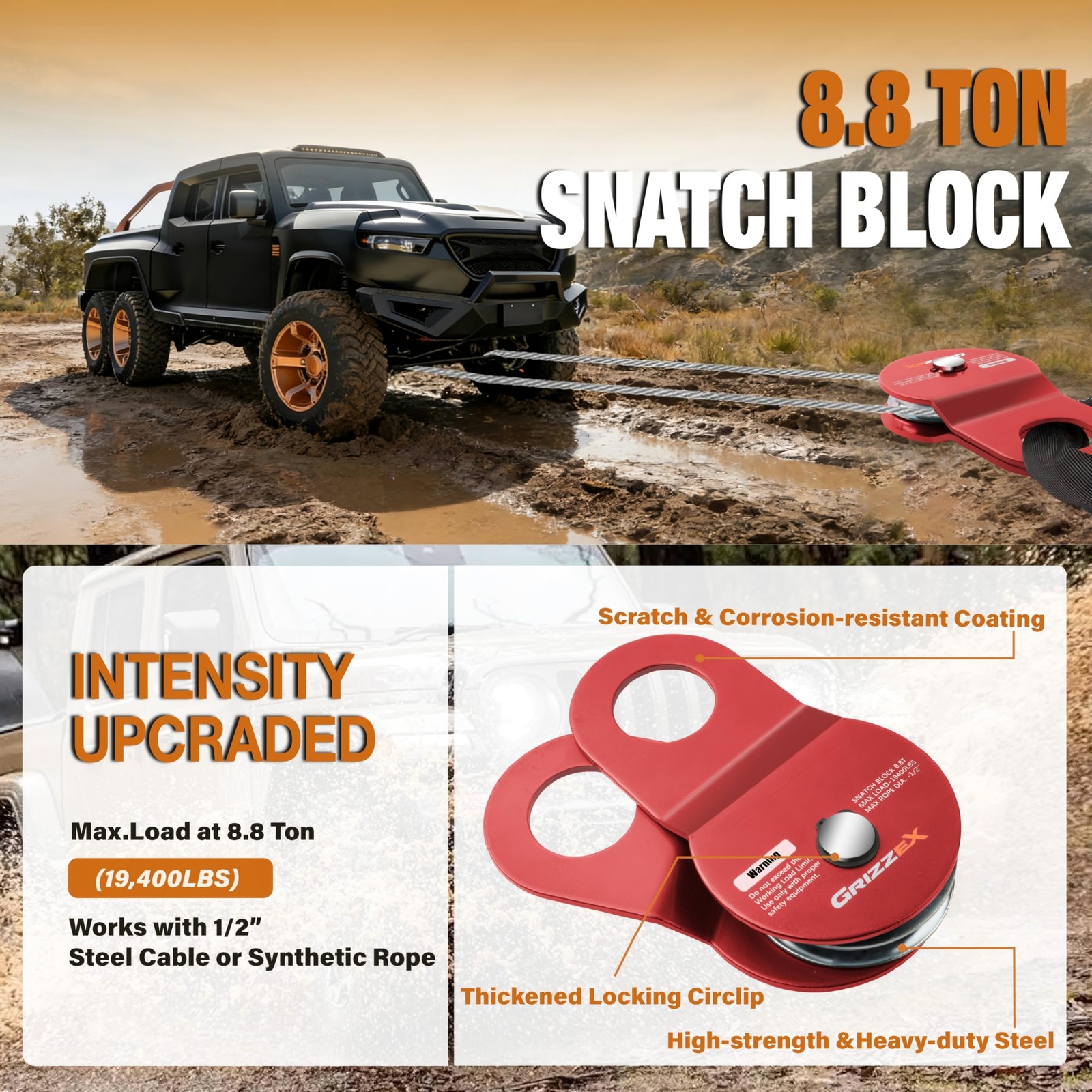 8.8T Heavy Duty Winch Snatch Block, 19,400 lbs Working Load, for Synthetic Ro…