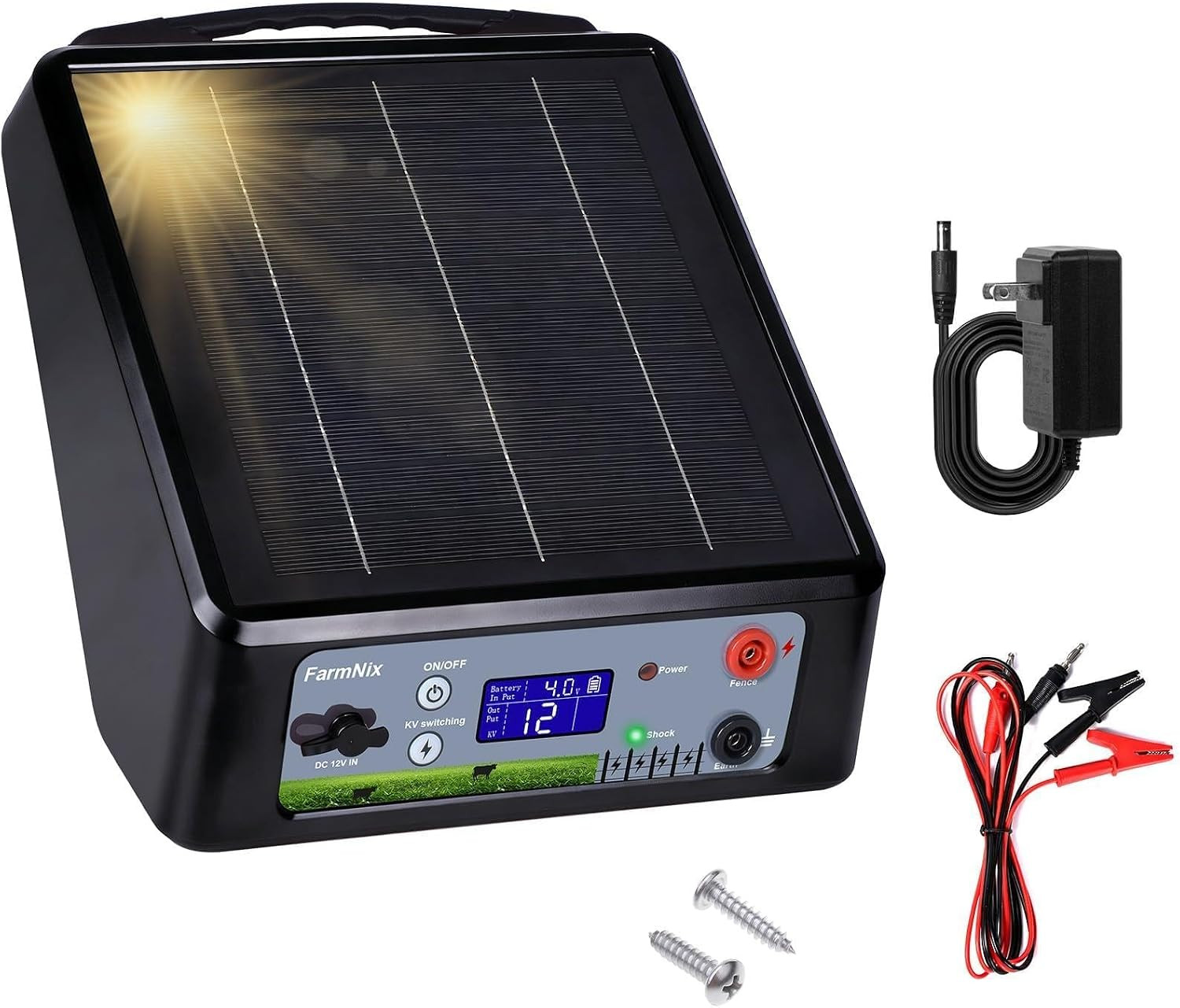 20 Miles Solar Powered Electric Fence Charger, Adjustable 6/8/10/12KV & 0.3J-2J