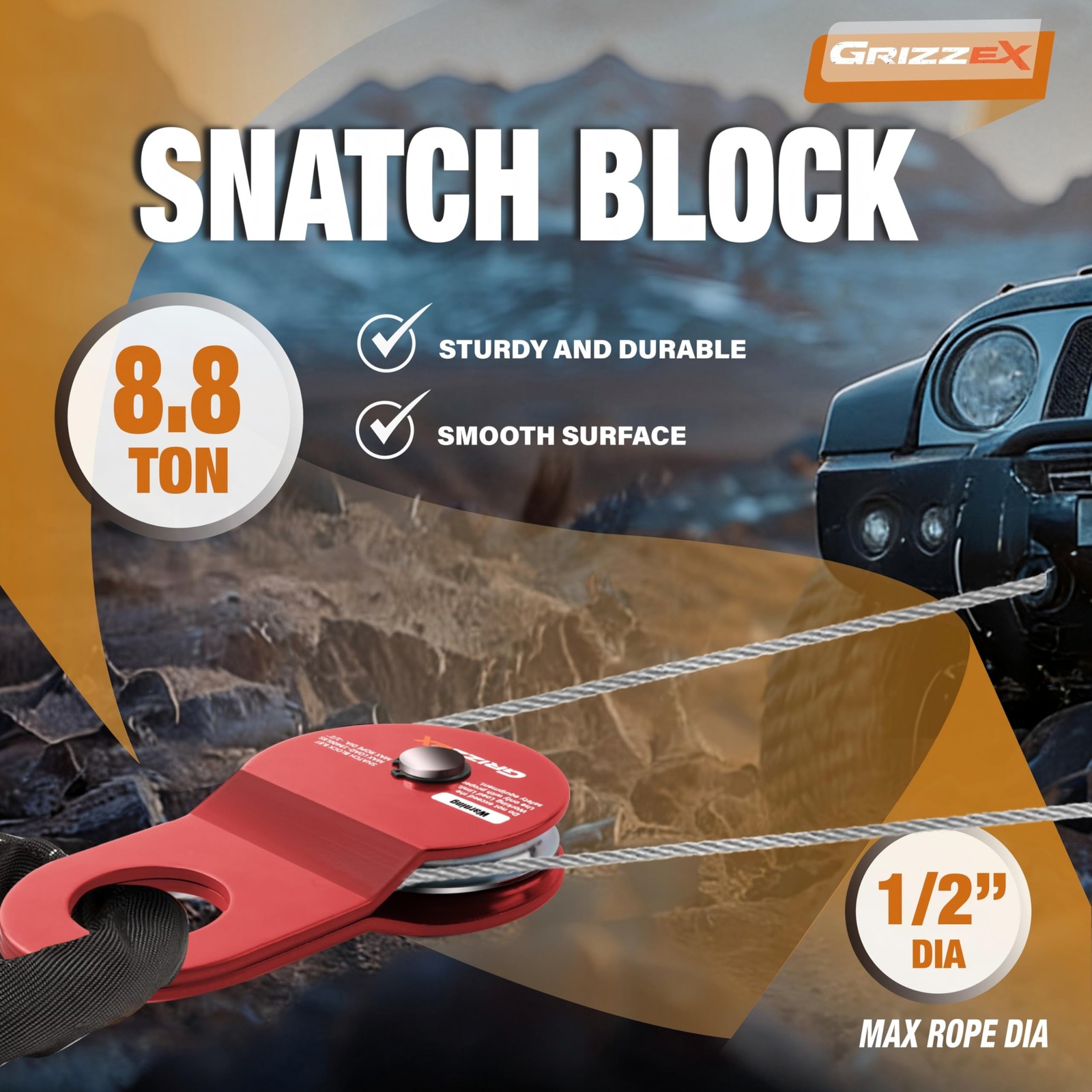 8.8T Heavy Duty Winch Snatch Block, 19,400 lbs Working Load, for Synthetic Ro…