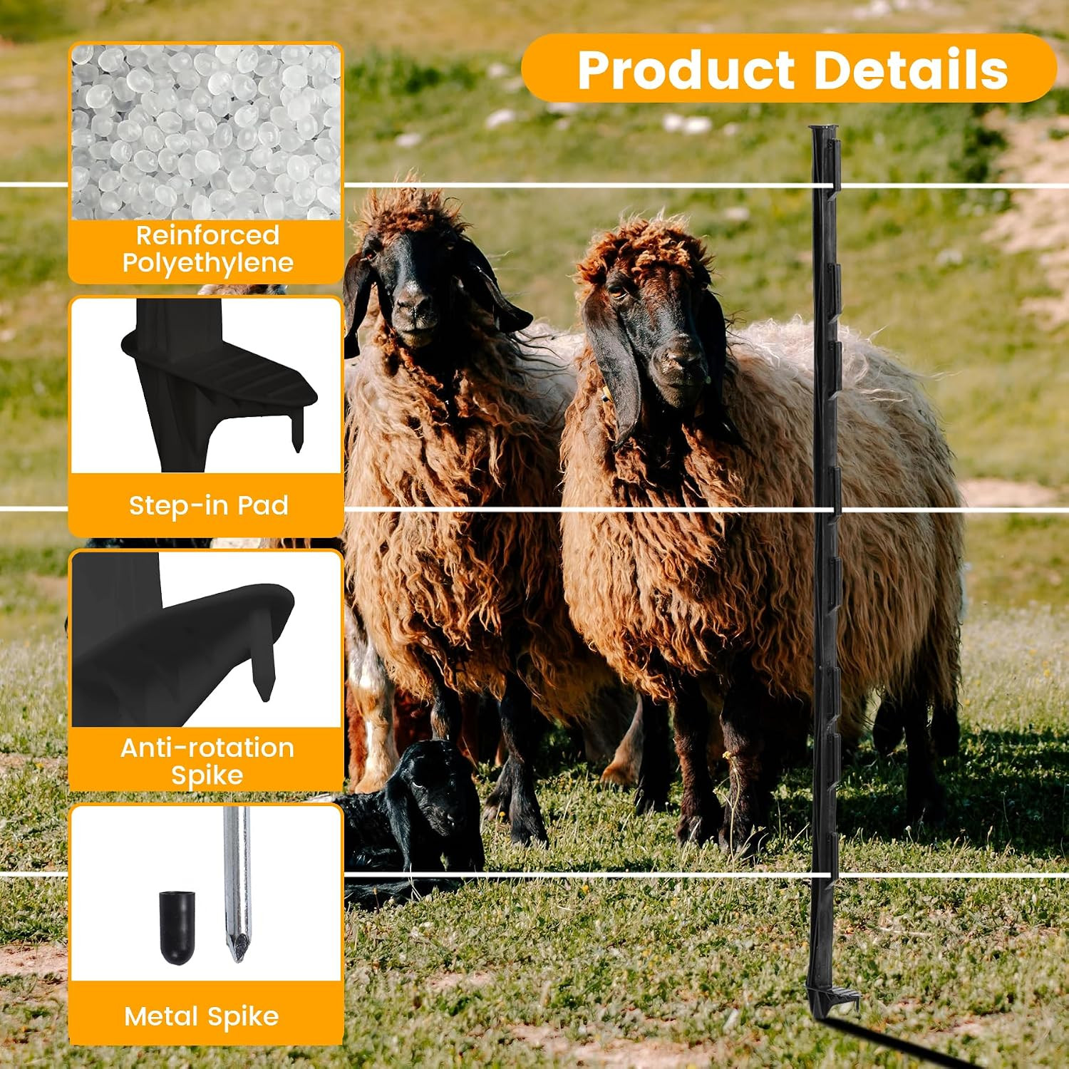 Electric Fence Posts 50 Pack, Black 48 inch Step in Fence Posts | Temporary Plas