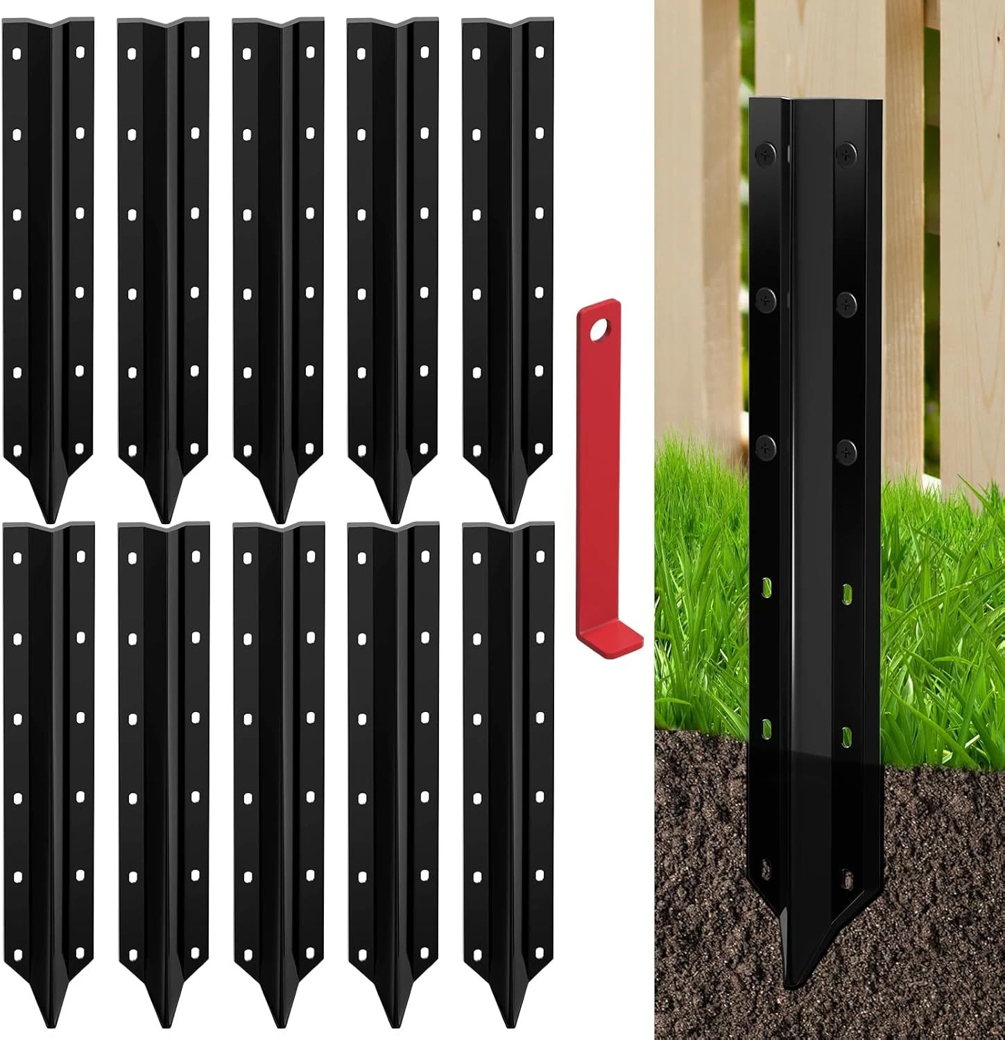 10 Pack Fence Post Repair Stakes –14 Ga Heavy-Duty Steel Fence Post Support Kit