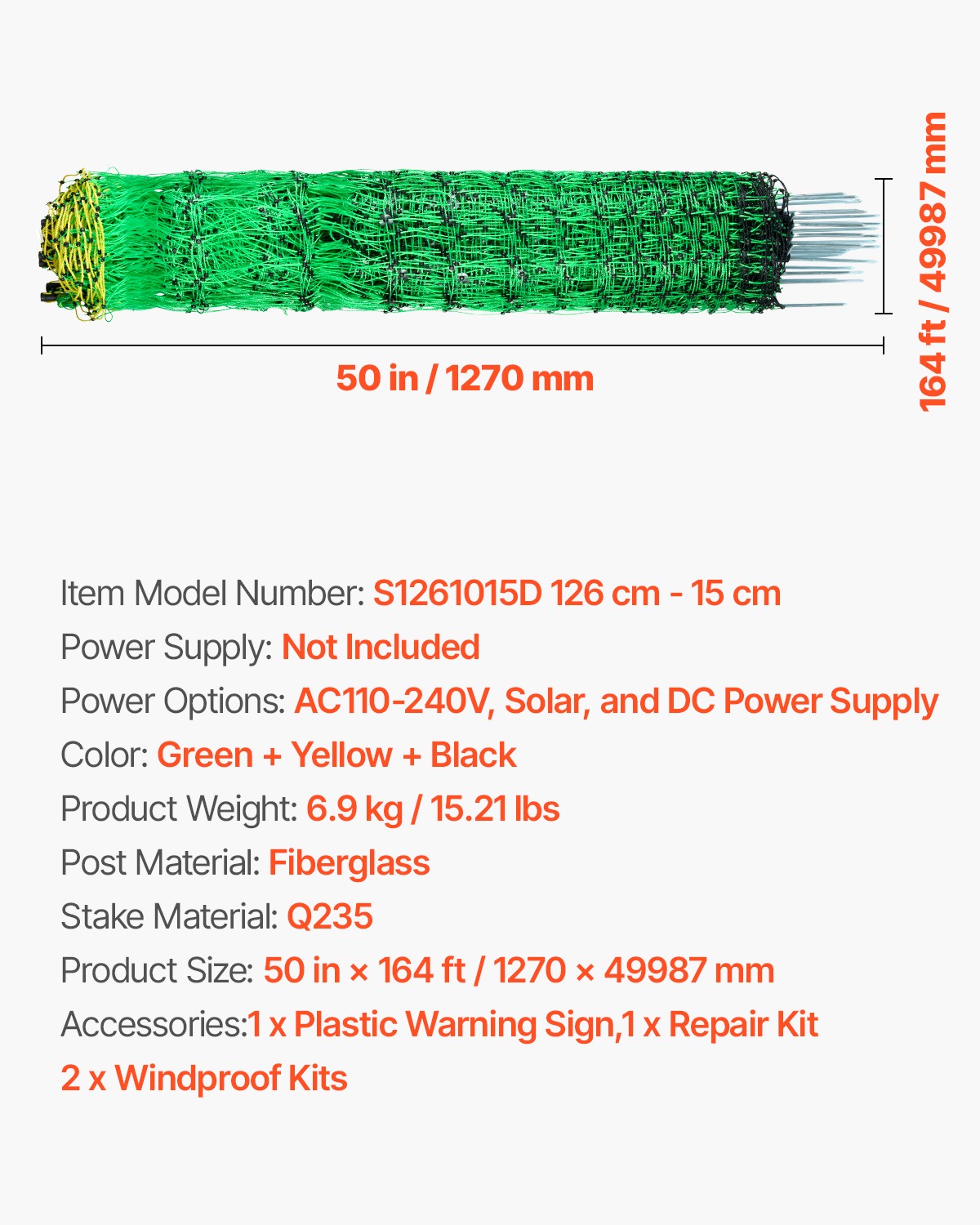VEVOR Electric Fence Netting 50″H x 164’L Portable Livestock Net Mesh Fence Post