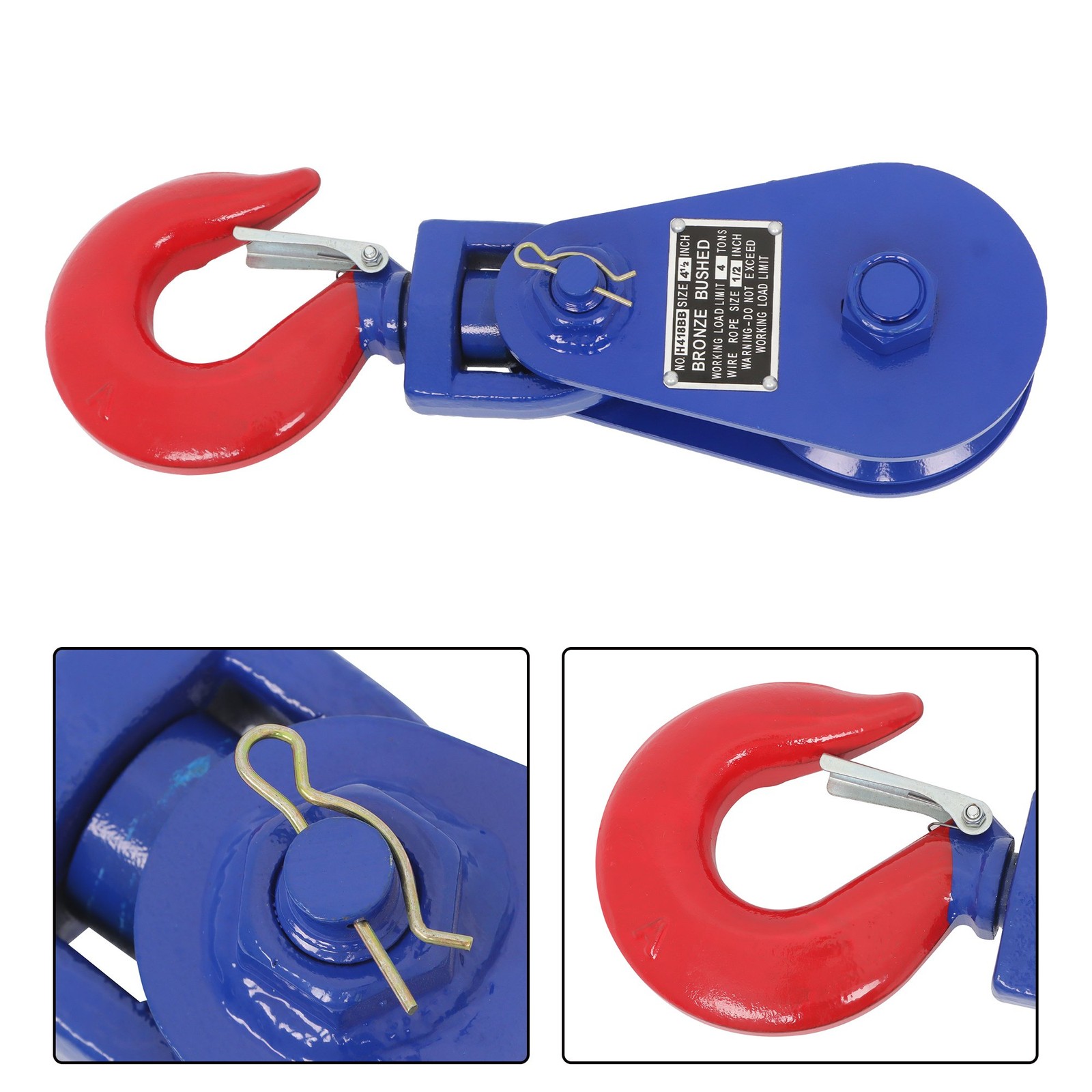 4 Ton Snatch Block with Hook – 8800lbs Capacity, 4.5″ Sheave, 1/2″ Wire Rope