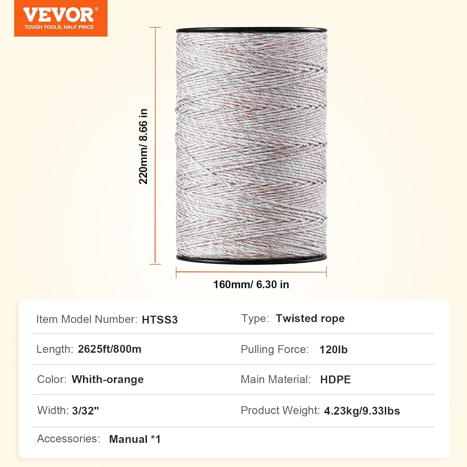 Electric Fence Wire, 2625Ft 800M Portable Polywire, 3/32″ Diameter 9 Mixed Metal