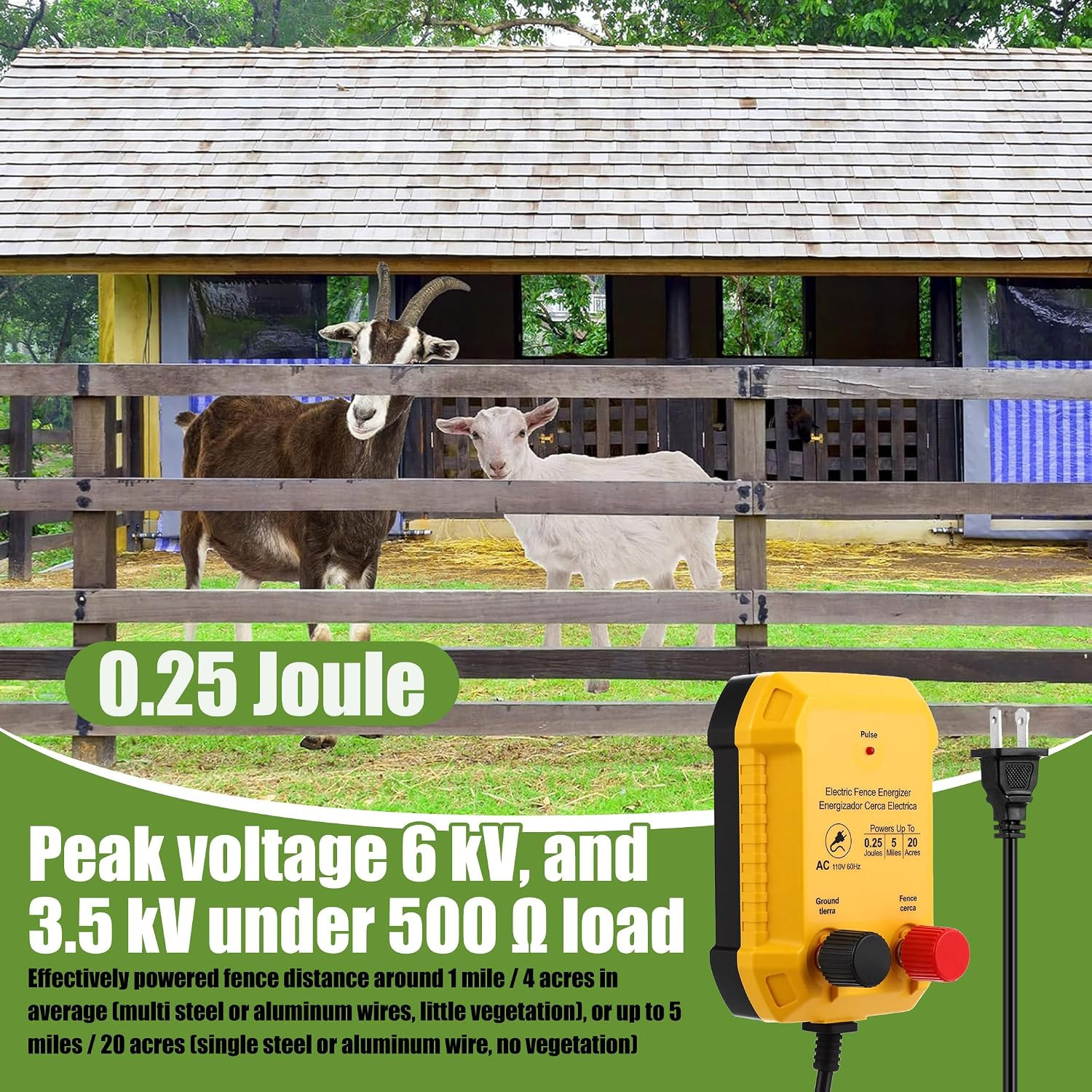 Electric Fence Charger Set 110VAC 0.25 Joule Electric Plug in Fence to Contain C