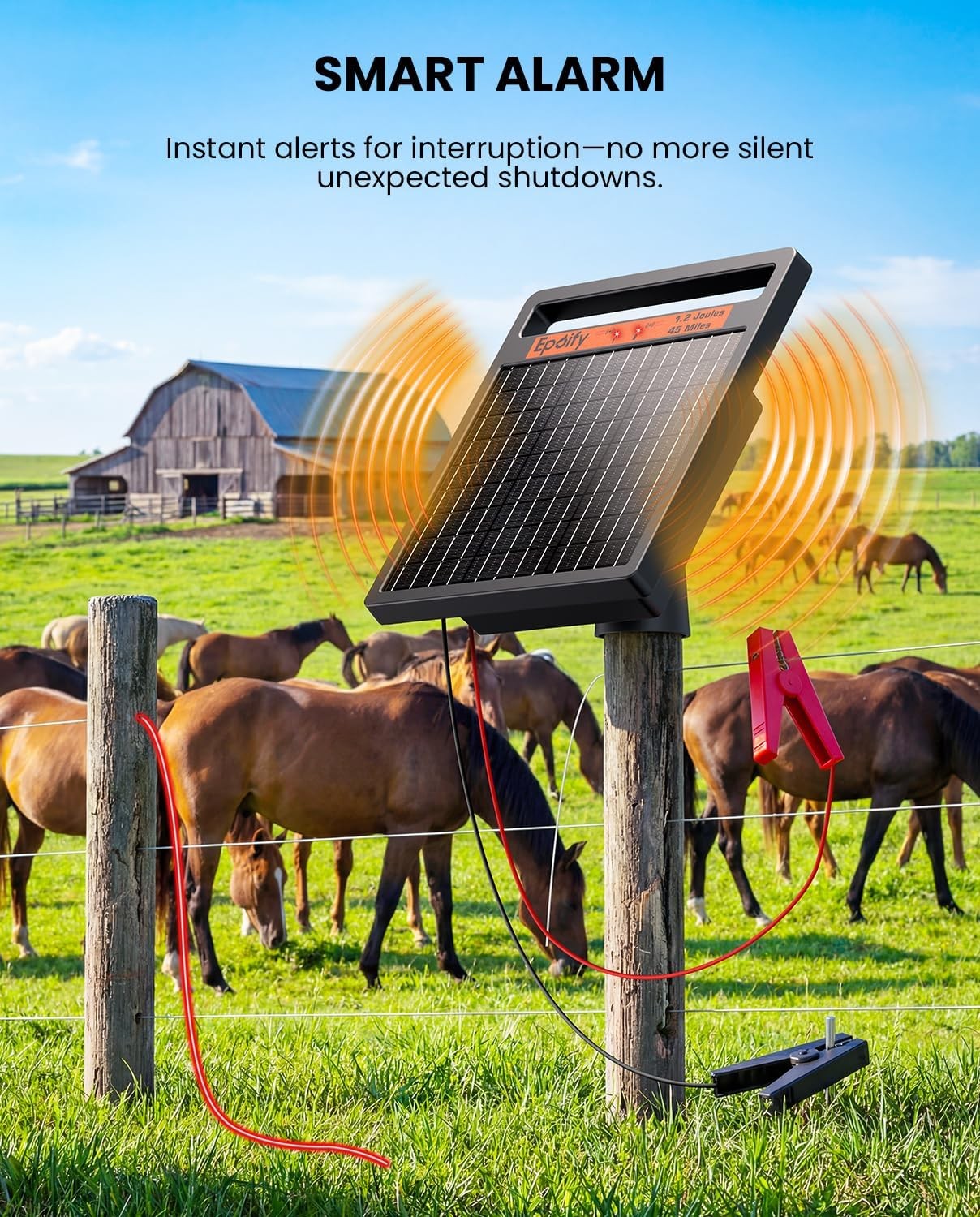 45 Miles 1.2J Solar Electric Fence Charger with Alarm& 8 W Solar Panel Energizer