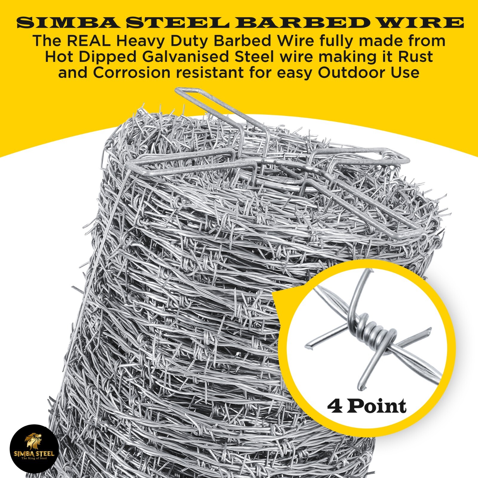 4-Point Barbed Wire Roll | 5″ Spacing, 16 Ga | 328 FT – 330 FT (100m) SIMBASTEEL