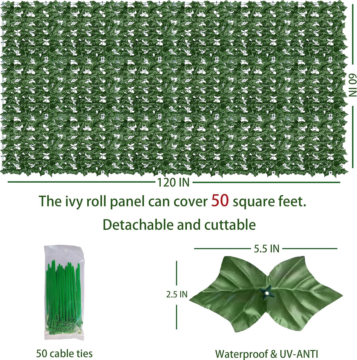 Artificial Ivy Privacy Fence Wall Screen,60X120 in UV-Anti 60*120 IN, Green