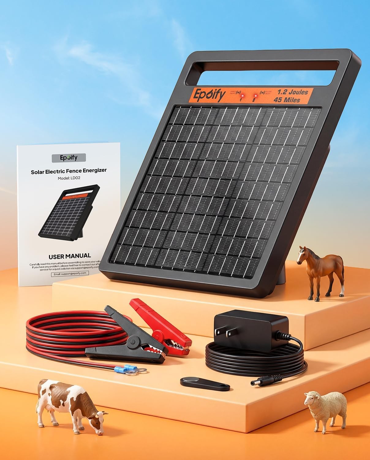 45 Miles 1.2J Solar Electric Fence Charger with Alarm& 8 W Solar Panel Energizer