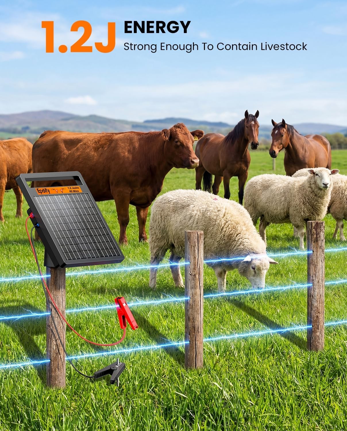 45 Miles 1.2J Solar Electric Fence Charger with Alarm& 8 W Solar Panel Energizer