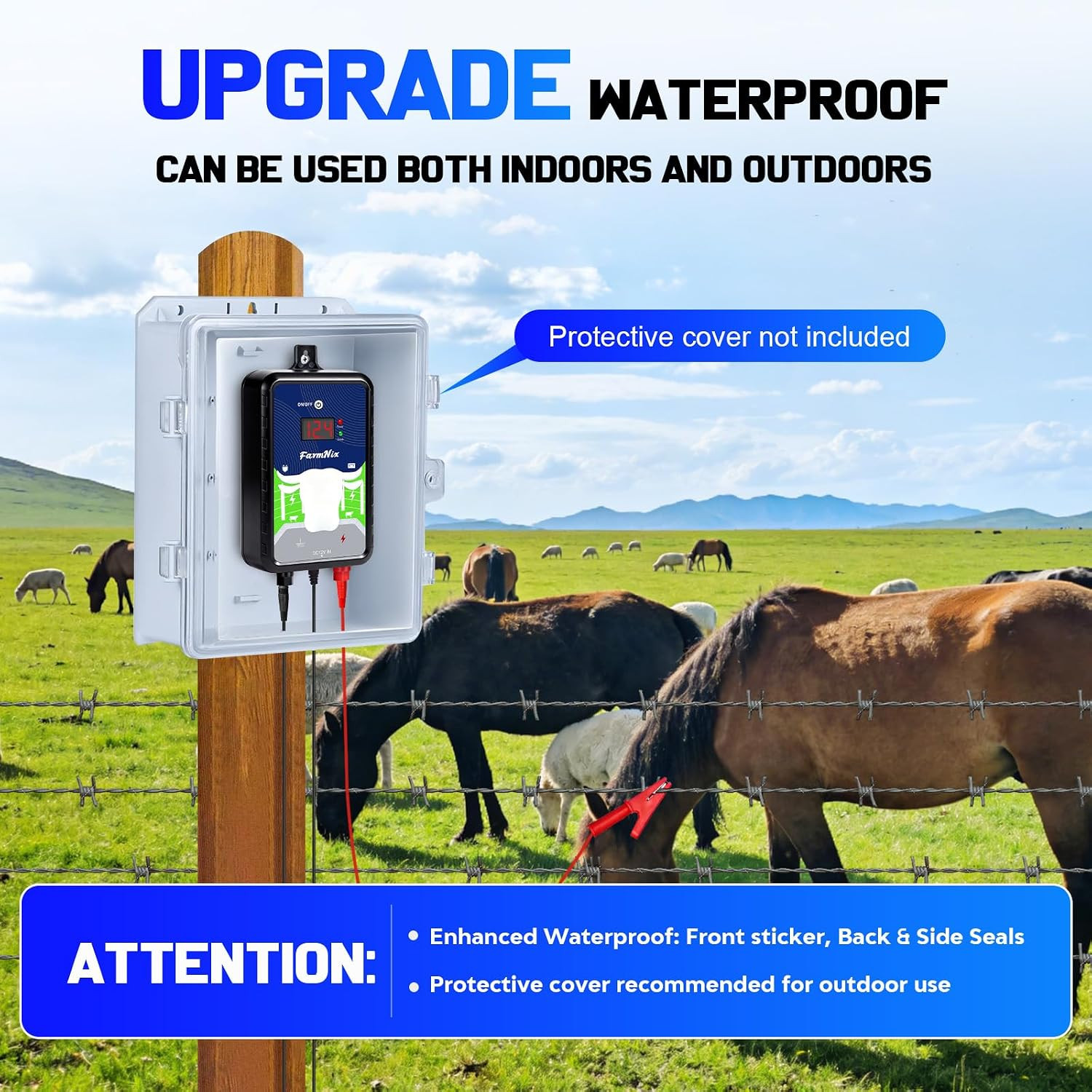 12KV Electric Fence Charger,15 Miles Electric Fence 4 Joules Pulse Energy,Waterp