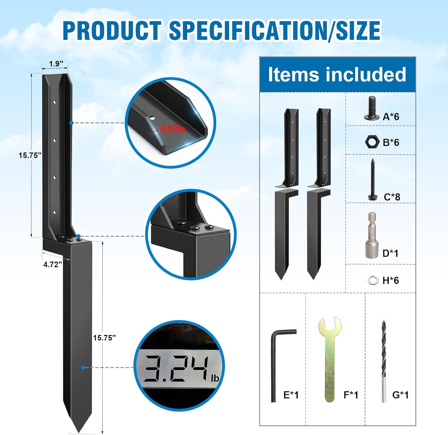 2 Pcs Fence Post Repair Kit, Heavy Duty Fence Post Anchor Ground Stakes for Repa
