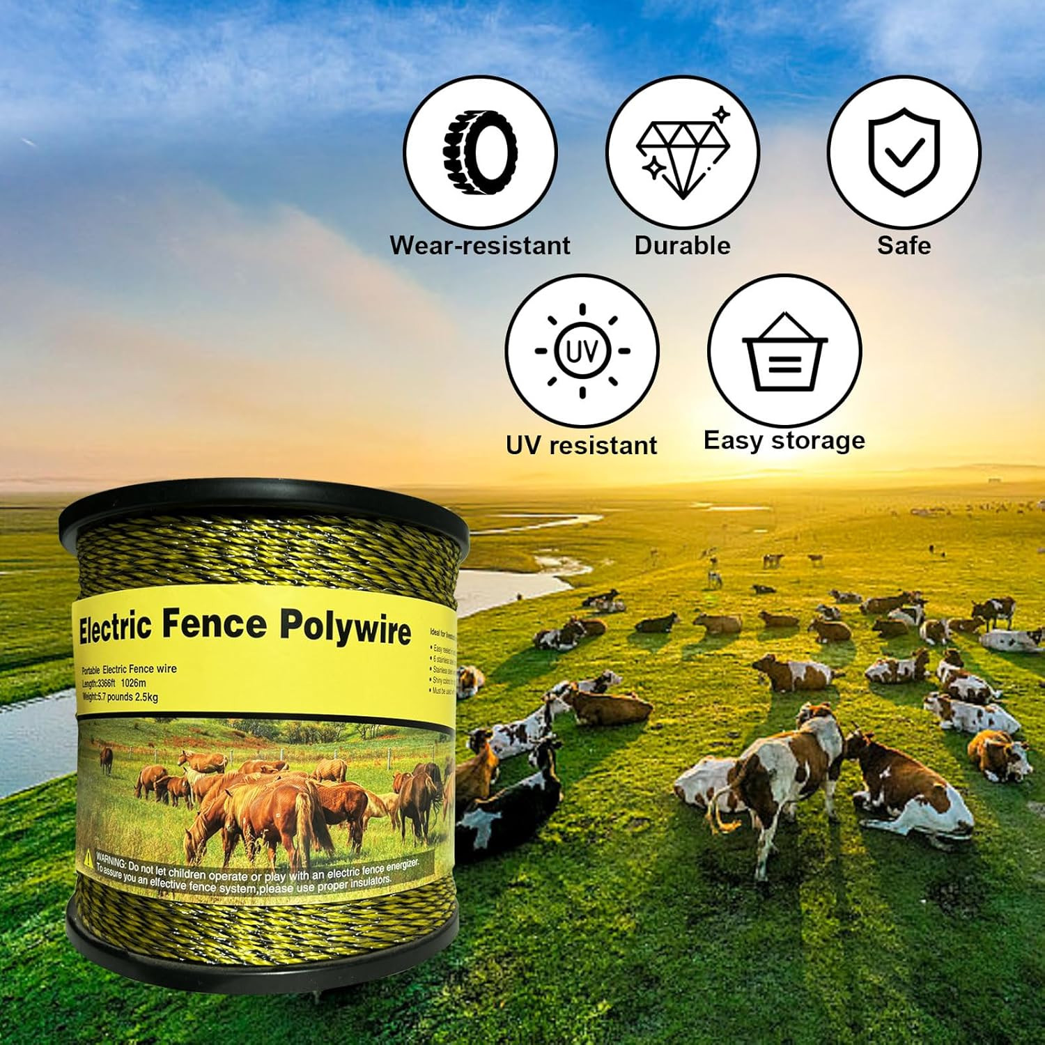 Upgraded Electric Fence Polywire 3366 Feet 1026 Meters,1/8 Diameter Portable Ele