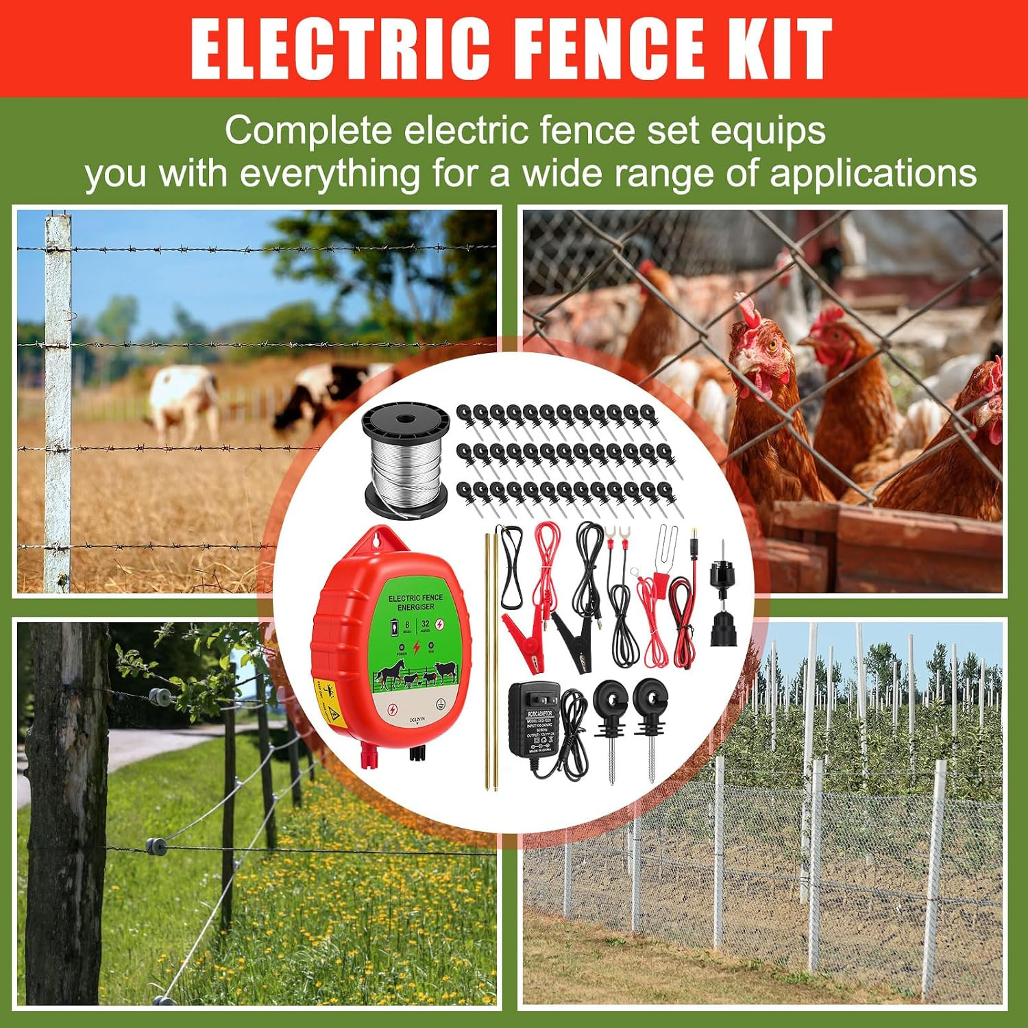 8 Mile Electric Fence for Livestock, 12Kv 2J Electric Fence Charger 50 Black Ins