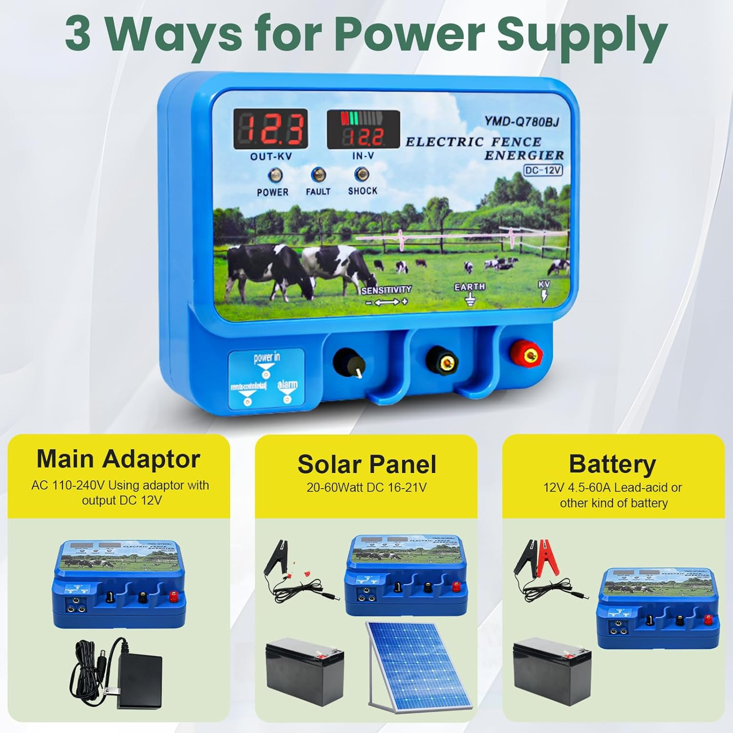 Electric Fence Charger 15.5J 12KV 600 Acres AC DC Livestock Cattle Energizer