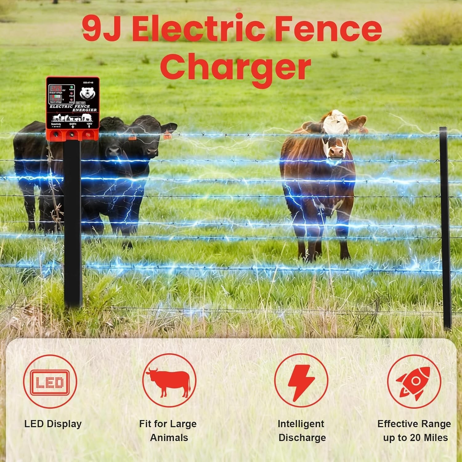9J Electric Fence Charger Energizer, 9 Joules 400 Acres, AC DC 2 in 1 Powered…